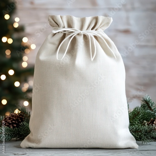 A rustic white sack sits on a wooden surface surrounded by pine branches, creating a cozy holiday atmosphere