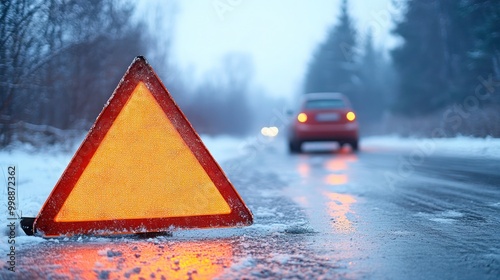 Car repair on the road in winter. Car triangle on winter road. Winter car breakdown