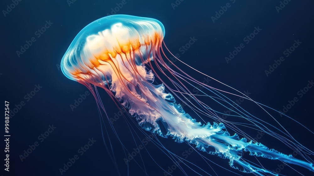 A translucent jellyfish in the ocean, glowing softly in the deep blue water A translucent jellyfish in the ocean, glowing softly in the deep blue water