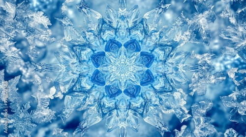 Geometric snowflake patterns in a kaleidoscope design, vibrant blue and white hues blending together, visually stunning