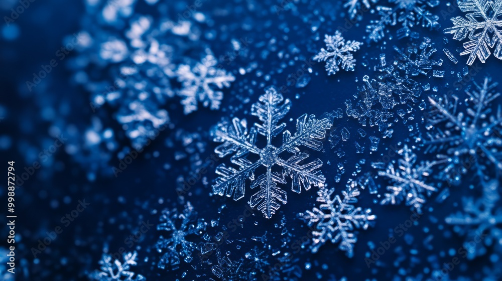 Intricate snowflakes cascading down a deep blue background, each flake a unique six-pointed masterpiece. Intricate snowflakes cascading down a deep blue background, each flake a unique six-pointed masterpiece.