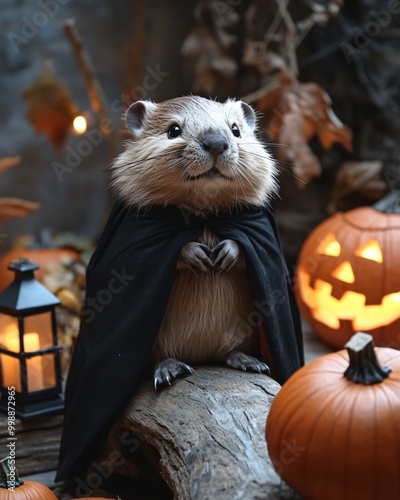 A funny animal in a vampire costume. 