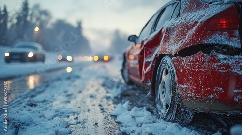 Crashed cars in accident on winter road, car accident in winter on slippery road. photo