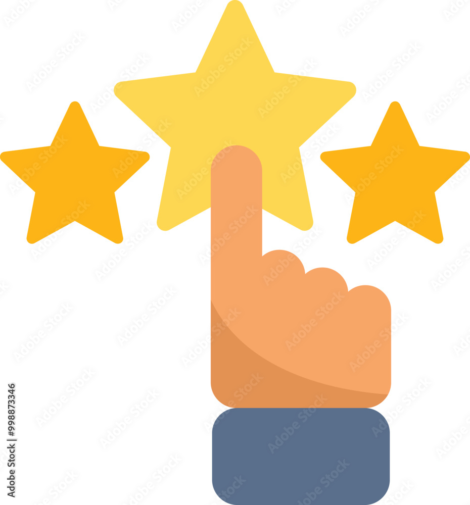 Hand is selecting a five star rating out of five possible stars, giving excellent feedback Hand is selecting a five star rating out of five possible stars, giving excellent feedback