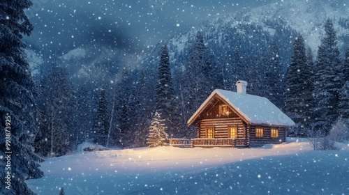 Sparkling snowflakes swirling around a cozy log cabin nestled amongst snow-capped pines. Escape the ordinary this winter