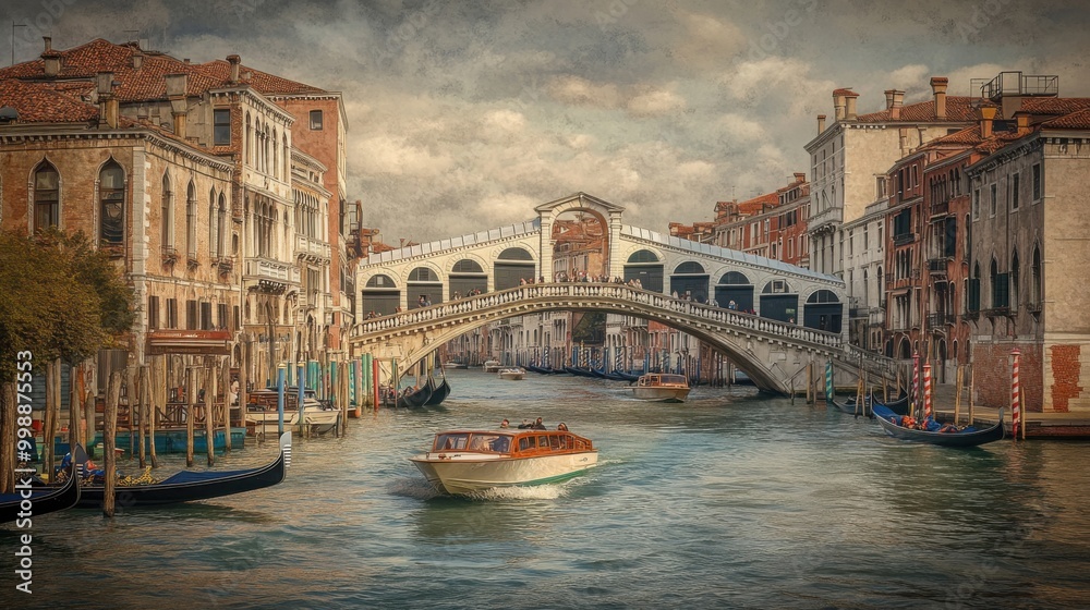 Obraz premium bridge spanning a city canal or waterway, with boats or gondolas passing beneath