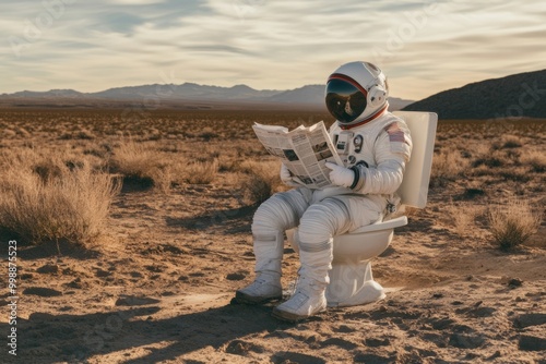 Astronaut sitting on toilet bowl and reading a newspaper. Ai generative art