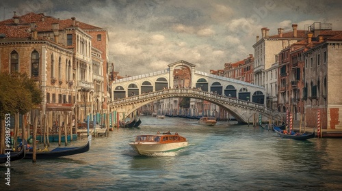  bridge spanning a city canal or waterway, with boats or gondolas passing beneath