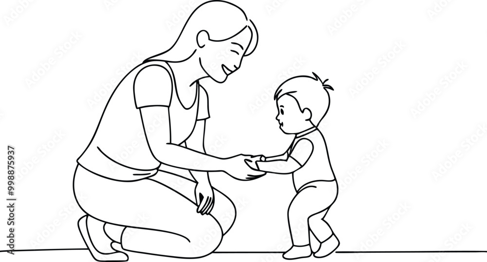 Happy mom with her little son in continuous line art drawing style, mother holding son, smiling mom and son sketch, happy mom and little boy outline vector illustration Happy mom with her little son in continuous line art drawing style, mother holding son, smiling mom and son sketch, happy mom and little boy outline vector illustration