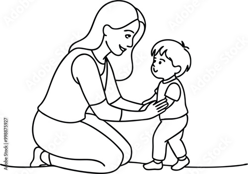 Happy mom with her little son in continuous line art drawing style, mother holding son, smiling mom and son sketch, happy mom and little boy outline vector illustration