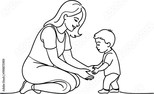 Happy mom with her little son in continuous line art drawing style, mother holding son, smiling mom and son sketch, happy mom and little boy outline vector illustration