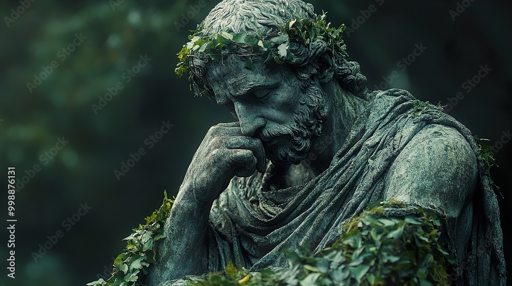 Contemplative Stone Statue with Ivy Wreath Contemplative Stone Statue with Ivy Wreath