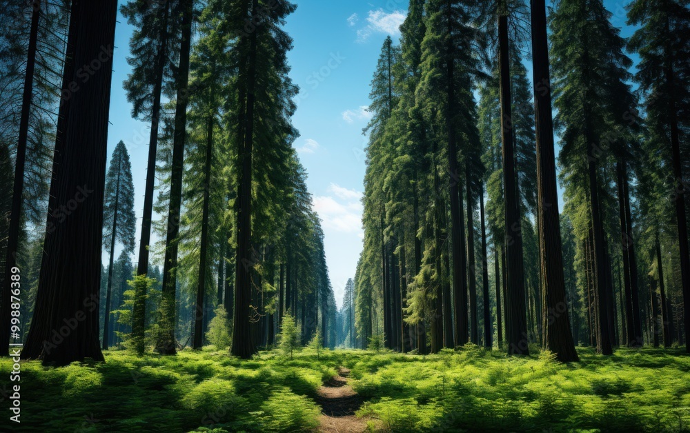 Obraz premium A winding path stretches through lush greenery and tall trees under a bright blue sky