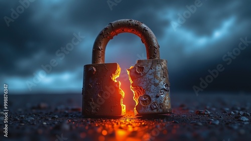 Broken Lock Glowing Understorm, A rusted padlock with a broken piece glows ominously against a dark, stormy sky.
