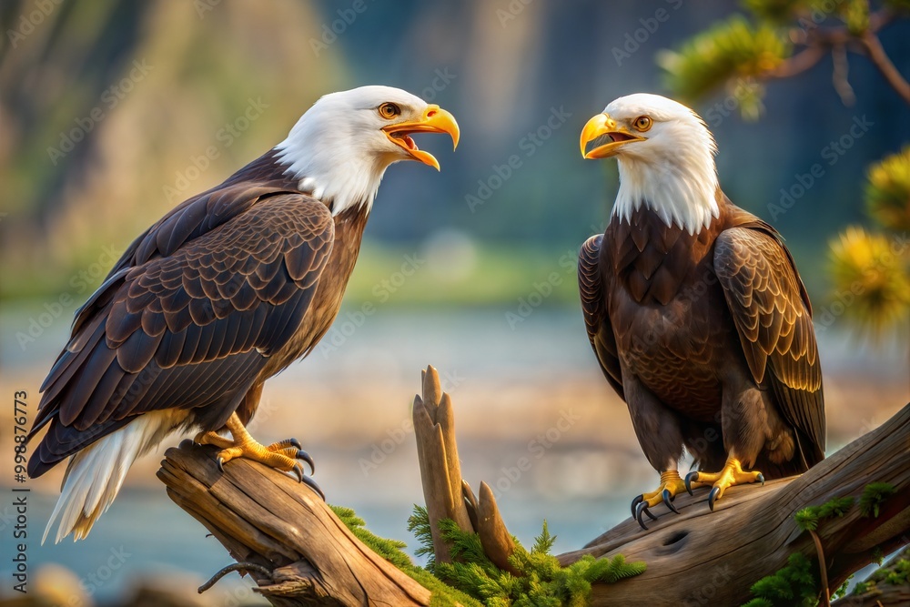 Fototapeta premium Two bald eagles perched on branch facing each other in forest