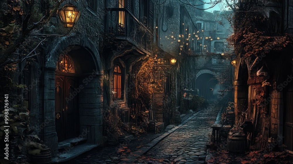 A Narrow, Cobblestone Street in a Dark and Mysterious European Town A Narrow, Cobblestone Street in a Dark and Mysterious European Town