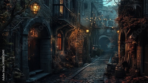 A Narrow, Cobblestone Street in a Dark and Mysterious European Town