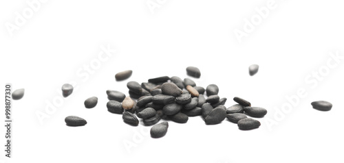 Close up black organic sesame seeds isolated on white, macro   photo