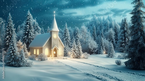 Snowy church in a winter wonderland photo