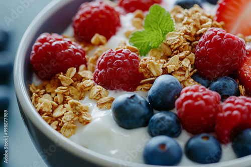 Healthy breakfast bowl with yoghurt, granola, raspberry and blackberry