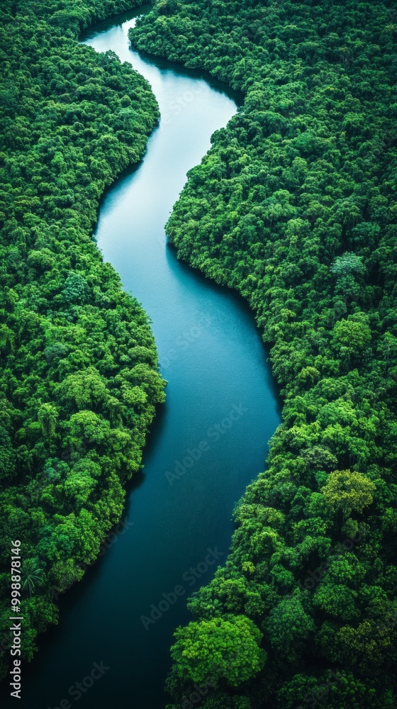 A river with a green forest on either side A river with a green forest on either side