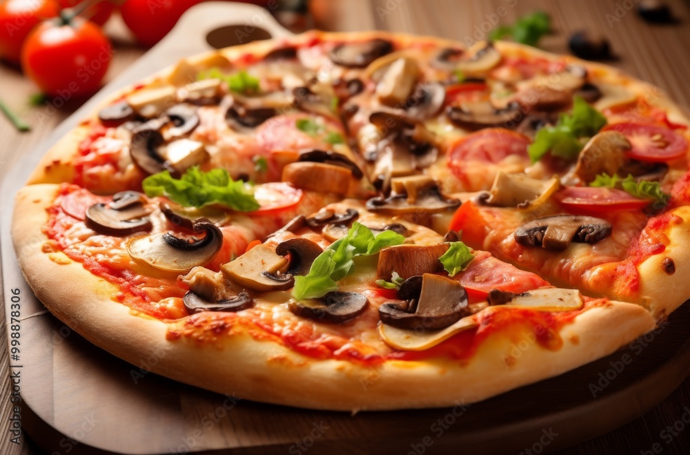 Delicious Pizza with Black Olives, Green Peppers, and Meat, Surrounded by Fresh Vegetables, Perfect for Home Cooking or Takeout. Delicious Pizza with Black Olives, Green Peppers, and Meat, Surrounded by Fresh Vegetables, Perfect for Home Cooking or Takeout.