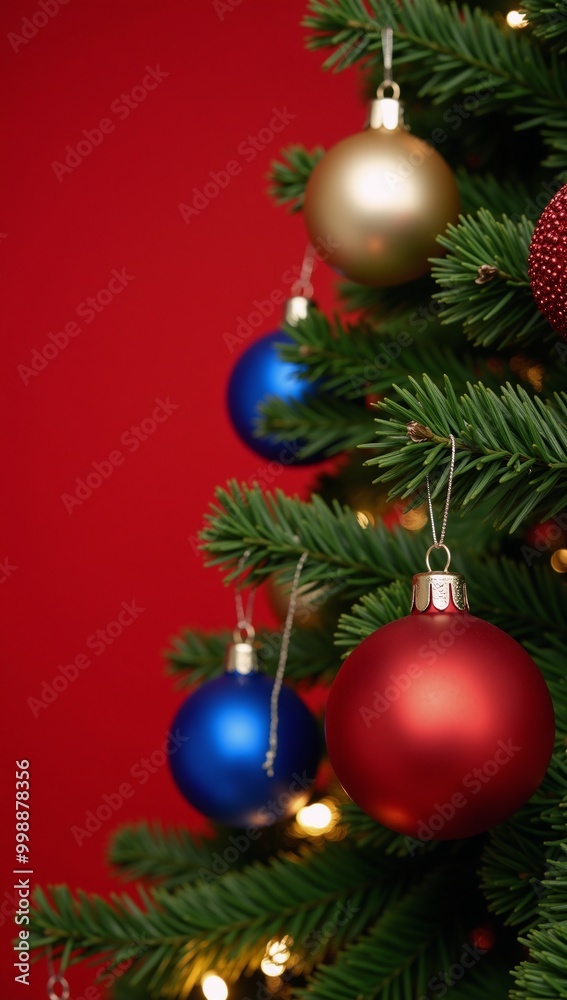 Christmas tree with ornament and bokeh lights against red background Christmas tree with ornament and bokeh lights against red background