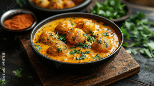Creamy kadhi pakora . The golden yellow kadhi with soft pakoras. Generative AI