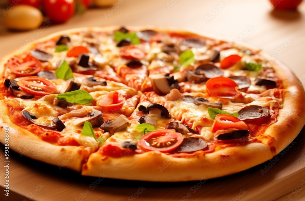 Delicious Pizza with Black Olives, Green Peppers, and Meat, Surrounded by Fresh Vegetables, Perfect for Home Cooking or Takeout. Delicious Pizza with Black Olives, Green Peppers, and Meat, Surrounded by Fresh Vegetables, Perfect for Home Cooking or Takeout.