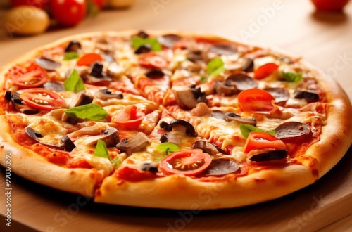 Delicious Pizza with Black Olives, Green Peppers, and Meat, Surrounded by Fresh Vegetables, Perfect for Home Cooking or Takeout.