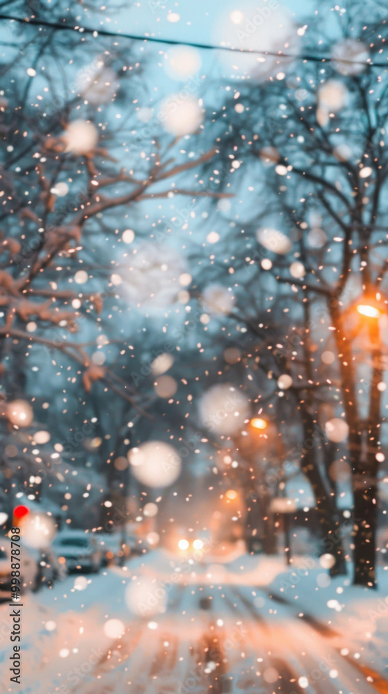 A snowy street with a blurry background and a few trees A snowy street with a blurry background and a few trees