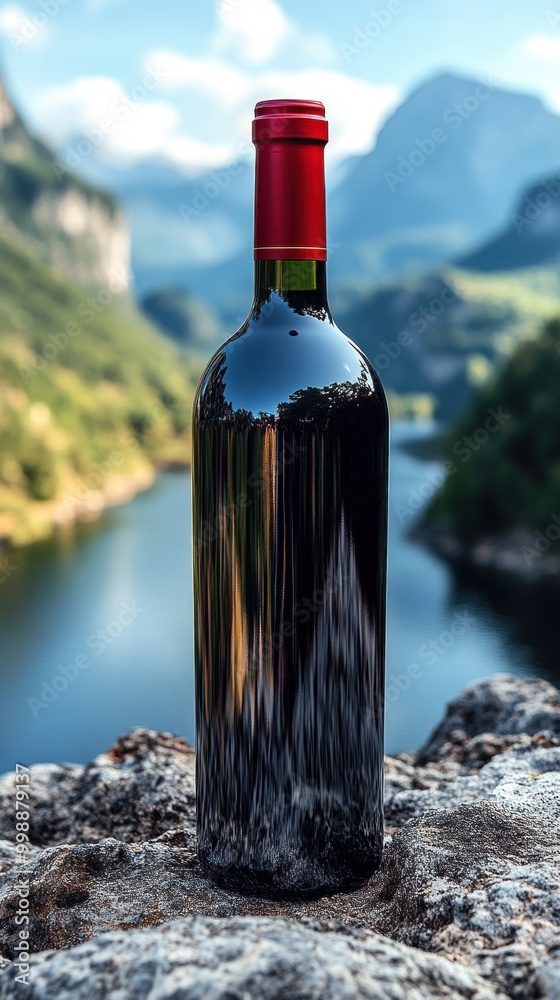 A bottle of red wine rests on a rock by a tranquil lake with a backdrop of mountains A bottle of red wine rests on a rock by a tranquil lake with a backdrop of mountains