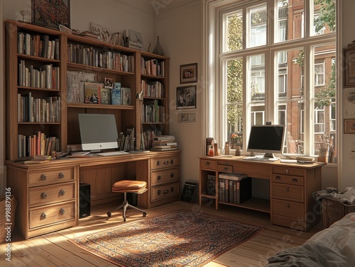 The study features stylish wooden furniture, books, and bright light from the windows