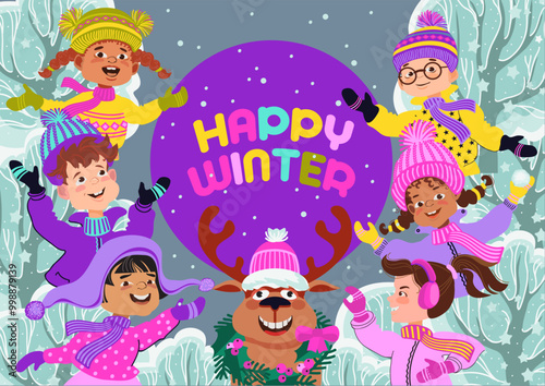 Happy winter. Cute kids and deer playing in the winter park. Children dressed in warm costumes. Cartoon happy kids smiling. Multiethnic boys and girls. Winter wonderland. Vector flat illustration