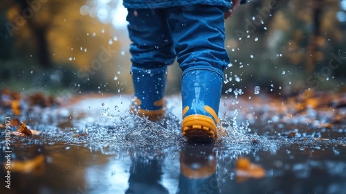 Child in rubber boots in puddle in rainy day, a child in a raincoat with a hood runs through puddles in rubber boots.