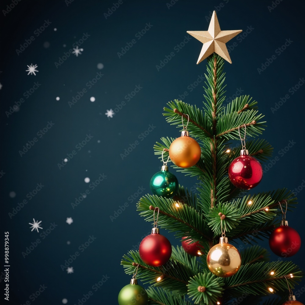 Enchanting Christmas-themed garden setting with decorated tree as backdrop Enchanting Christmas-themed garden setting with decorated tree as backdrop