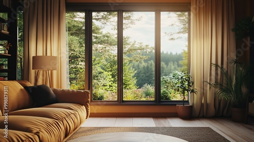 A Sunlit Living Room with a View of a Wooded Landscape Through a Large Window