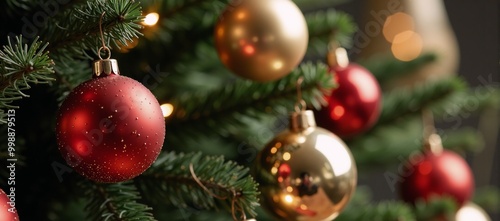 A Christmas tree adorned with baubles and blurry shiny lights