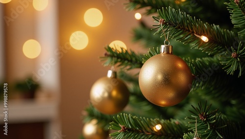 Gold-blurred lights adorn a Christmas tree backdrop