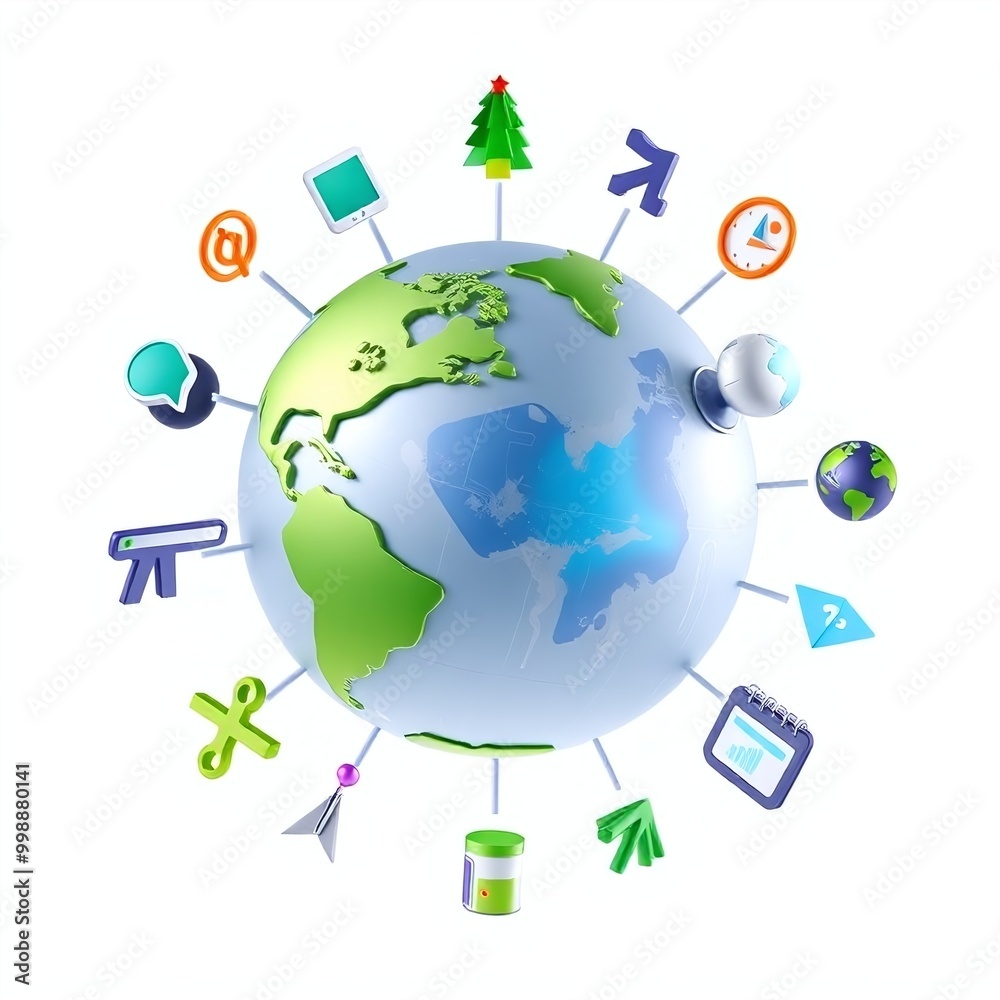 Globe with environmental icons in 3D render style Global Sustainability Eco-friendly Concept Earth Protection on white background with space Globe with environmental icons in 3D render style Global Sustainability Eco-friendly Concept Earth Protection on white background with space
