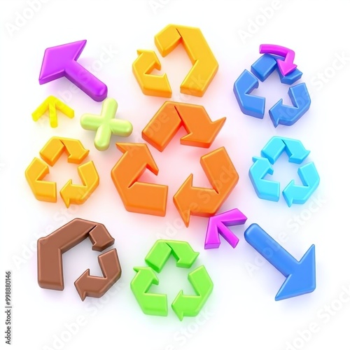 Set of colorful recycling arrows in 3D render style Environmental Sustainability Eco-friendly Concept Circular Economy on white background