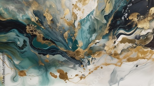 This captivating abstract fluid art features a blend of teal, gold, and black swirls
