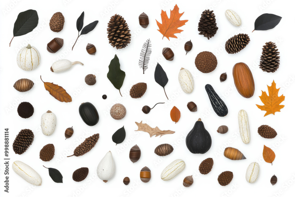 A collection of various nuts and leaves are scattered across a white background
