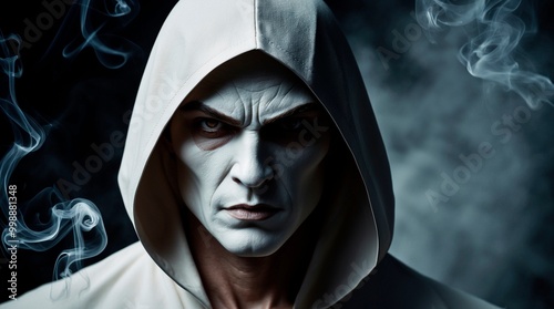 A closeup portrait of a man with face covered in white paint wearing white hood. Serious menacing expression on his scary face. Cultist, necromancer, magician, assassin Halloween illustration concept.