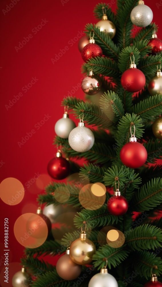A Christmas tree adorned with an ornament amidst bokeh lights against a red backdrop A Christmas tree adorned with an ornament amidst bokeh lights against a red backdrop