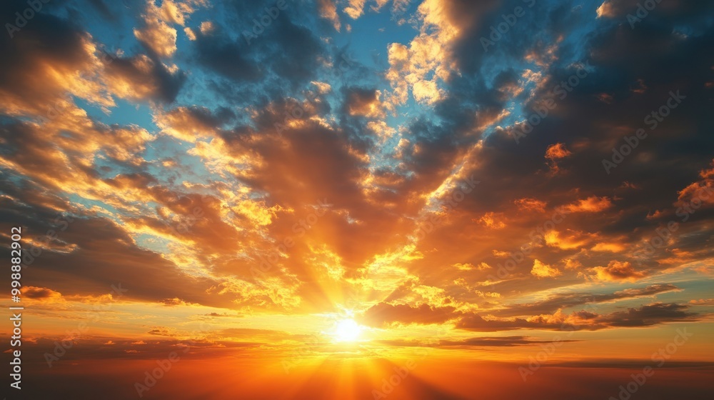 Fototapeta premium Golden Sunset Sky with Dramatic Clouds and Sun Rays