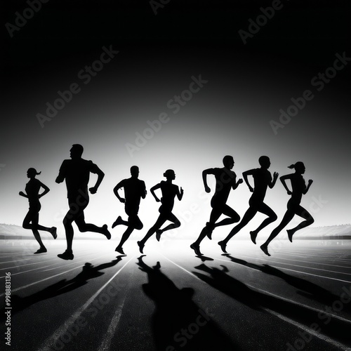 Runners on race track competition in summer silhouette runner