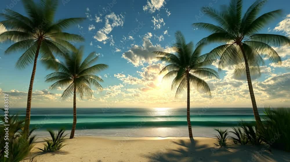 Palm trees stand tall on a sandy beach with the sun setting over the ocean
