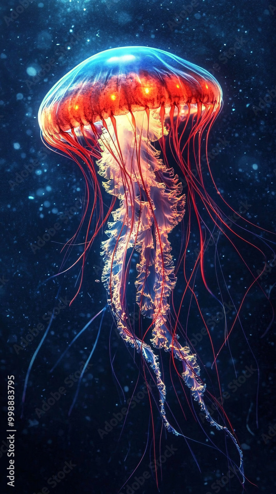 Glowing Jellyfish with Red and Blue Tendrils in Deep Sea Glowing Jellyfish with Red and Blue Tendrils in Deep Sea