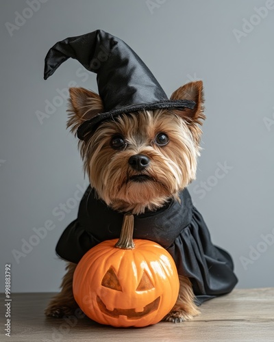 Halloween themed Yorkshire terrier in witch hat and costume photo